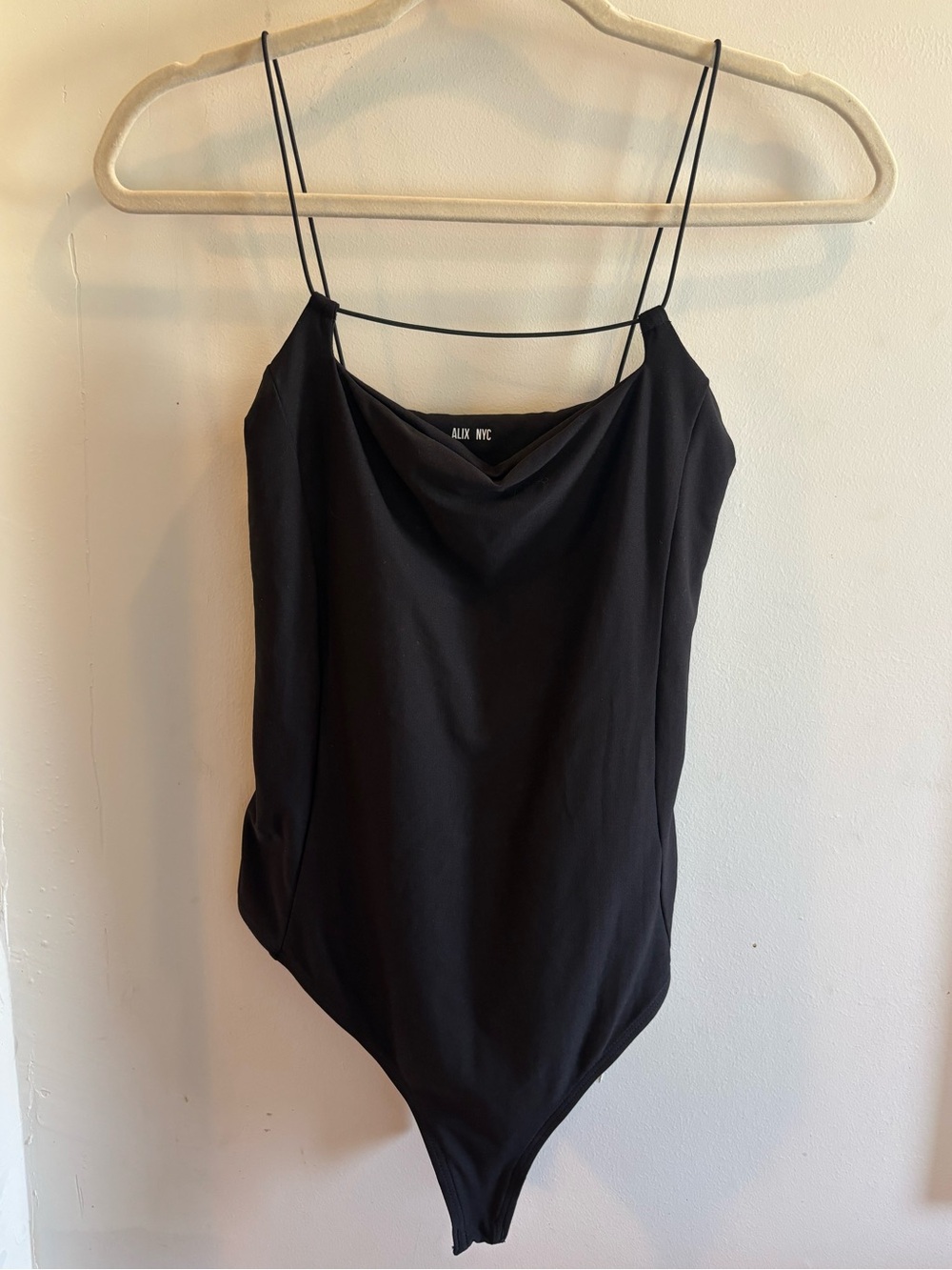 ALIX NYC Black Cowl Neck Spaghetti Strap Bodysuit